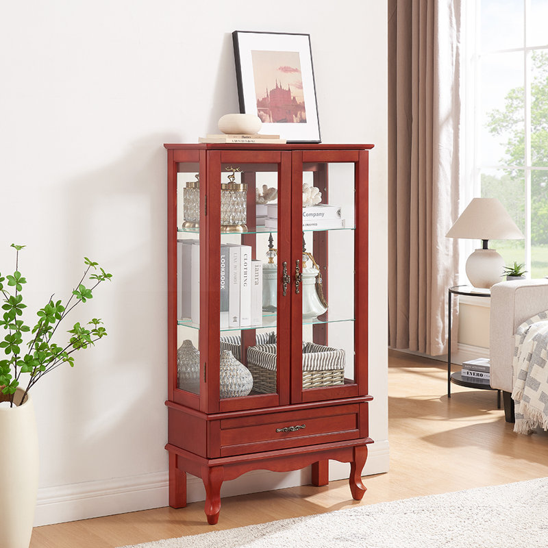 Lighted Glass Cabinet with Adjustable Glass Shelves 2 Doors and 1 Drawer Darby Home Co Color Cherry